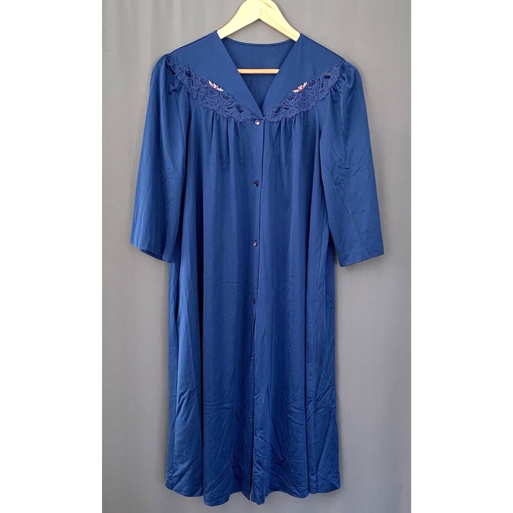 Vtg 70s ShadowLine Nylon Robe Sz M Navy Blue Lace Granny Gown Housecoat Lounge